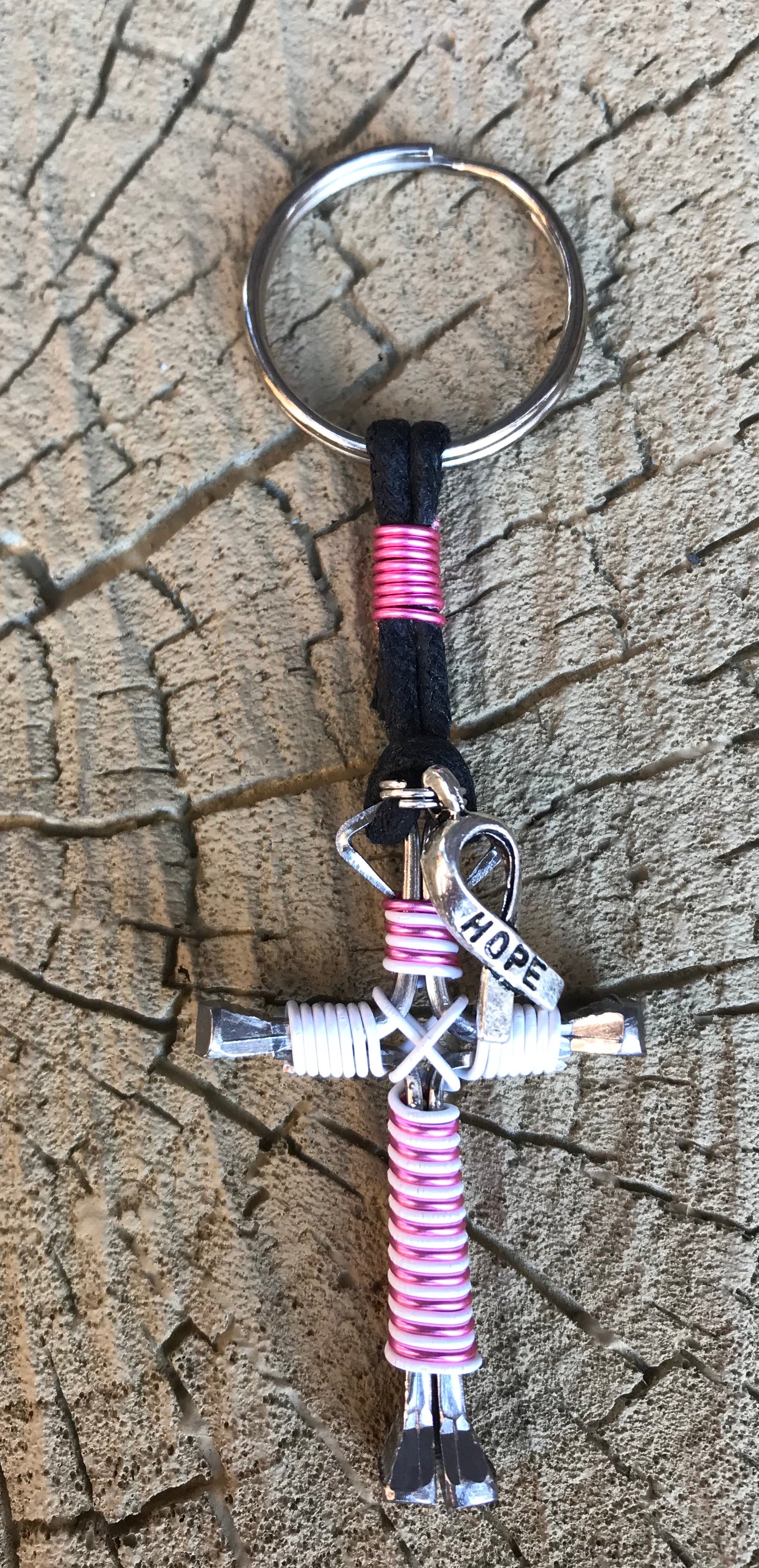 Breast Cancer Hope Charm Pink/White Intertwined Horseshoe Nail Cross Keychain