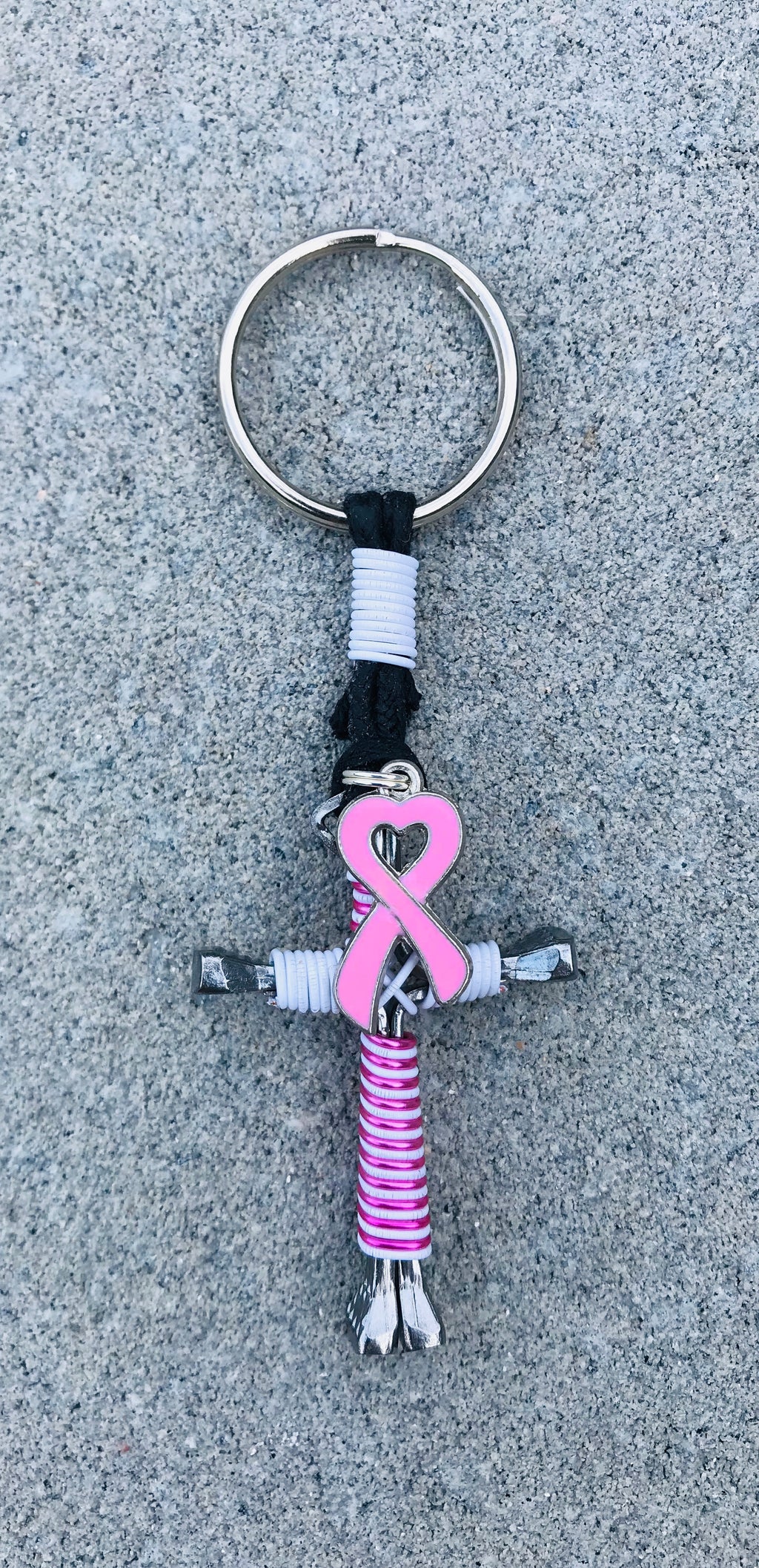 Keychain Breast Cancer Ribbon Charm Pink/White Intertwined Horseshoe Nail Cross