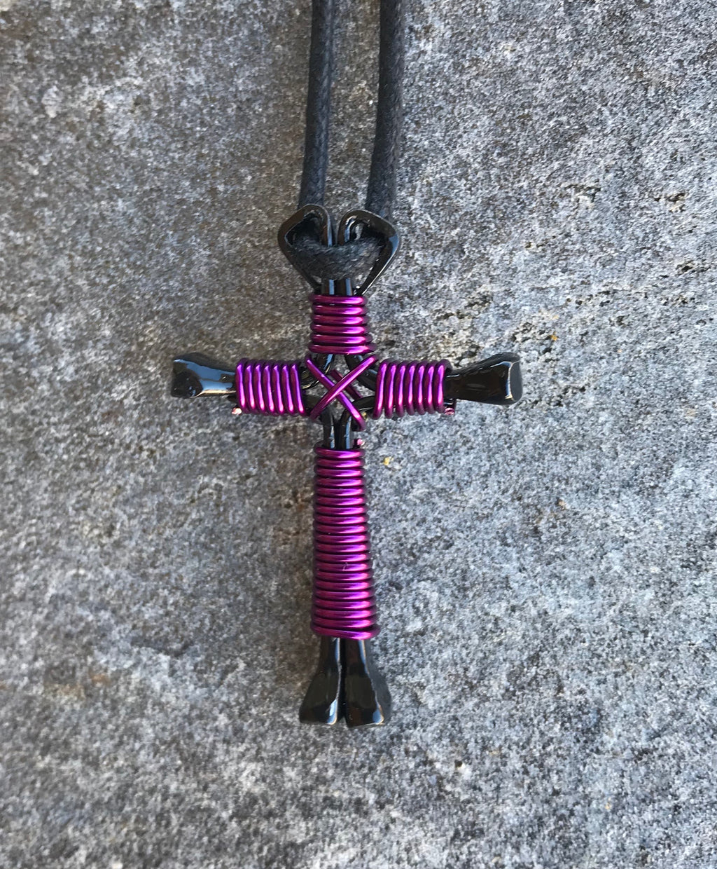 Amethyst Horseshoe Nail Cross Necklace With Black Nails