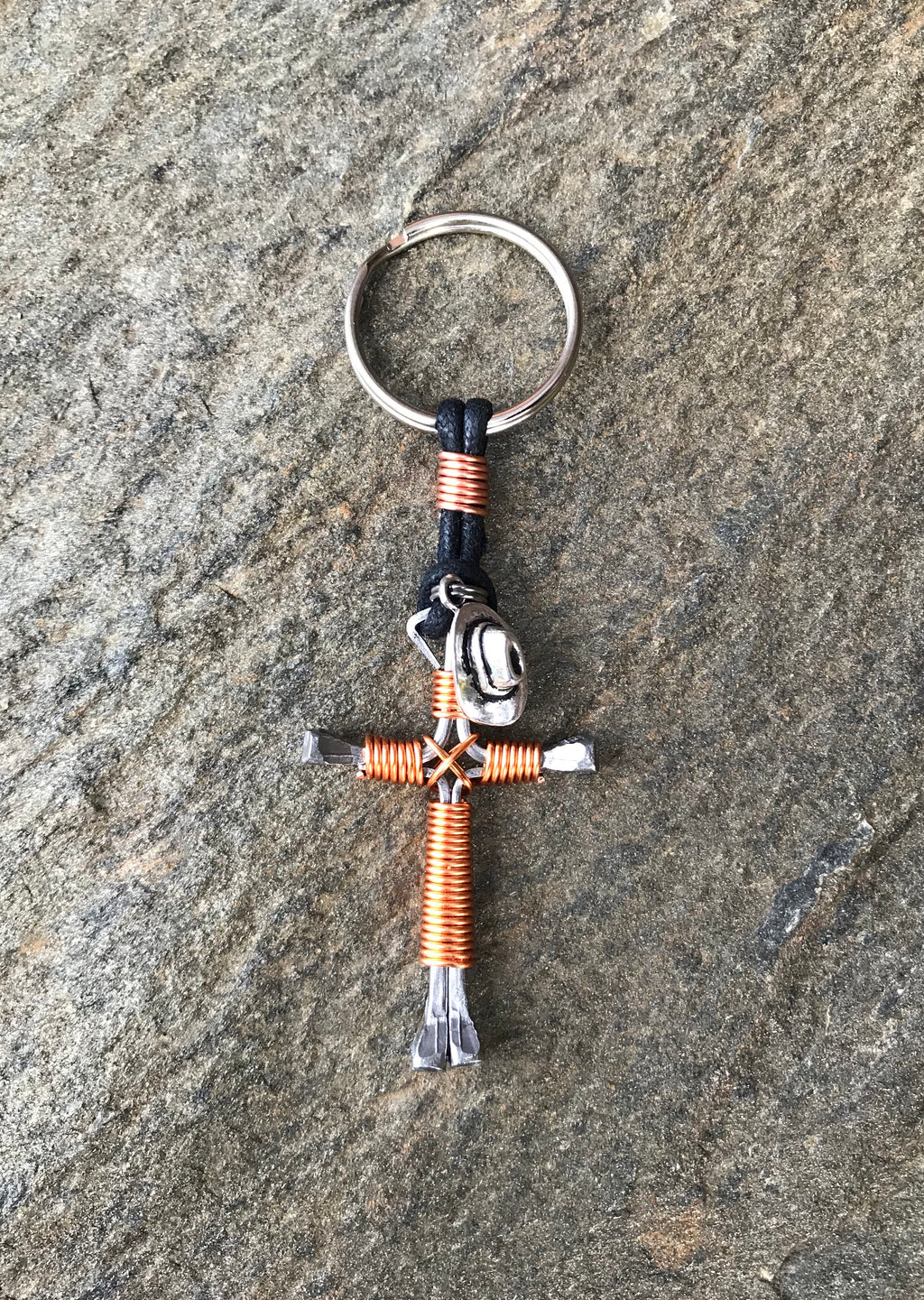 Copper Horseshoe Nail Cross Keychain with Hat Charm