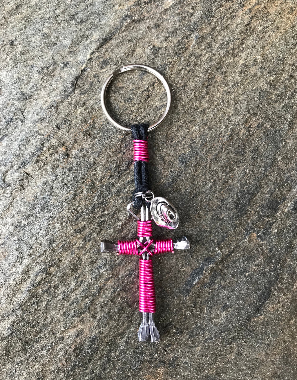 Pink Horseshoe Nail Cross Keychain with Hat Charm