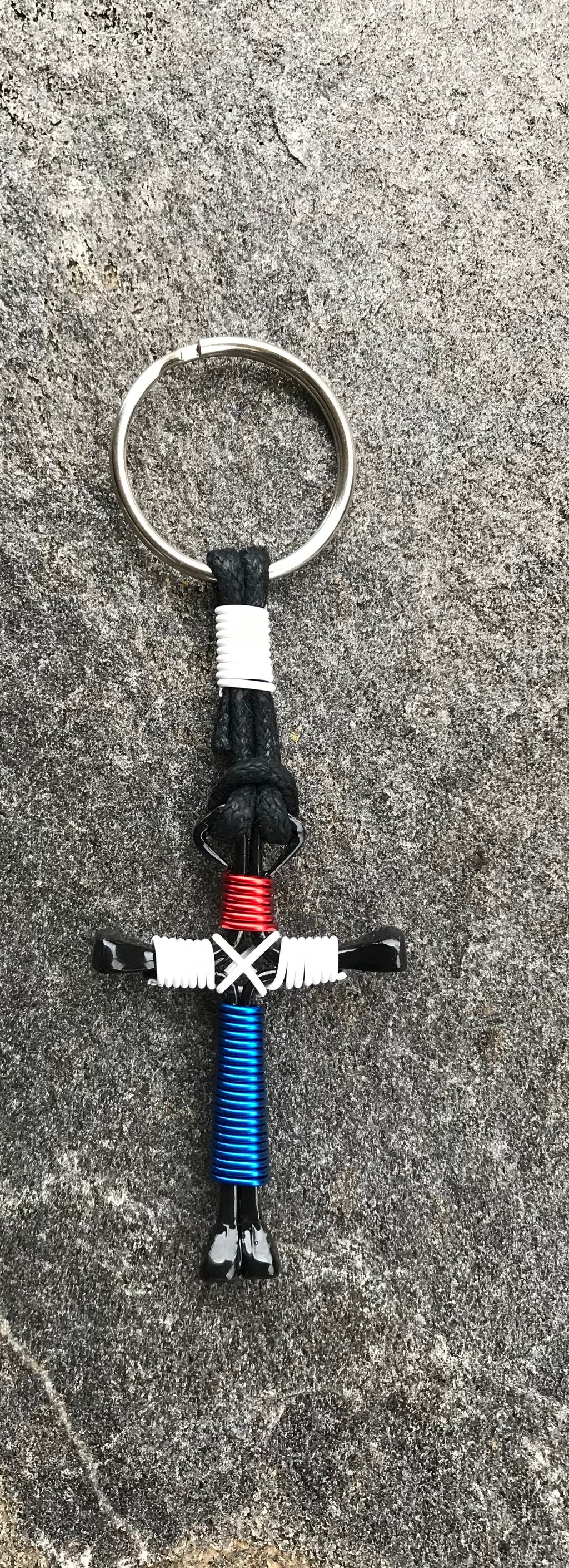 Red/White/Blue Horseshoe Nail Cross Keychain with Black Nails