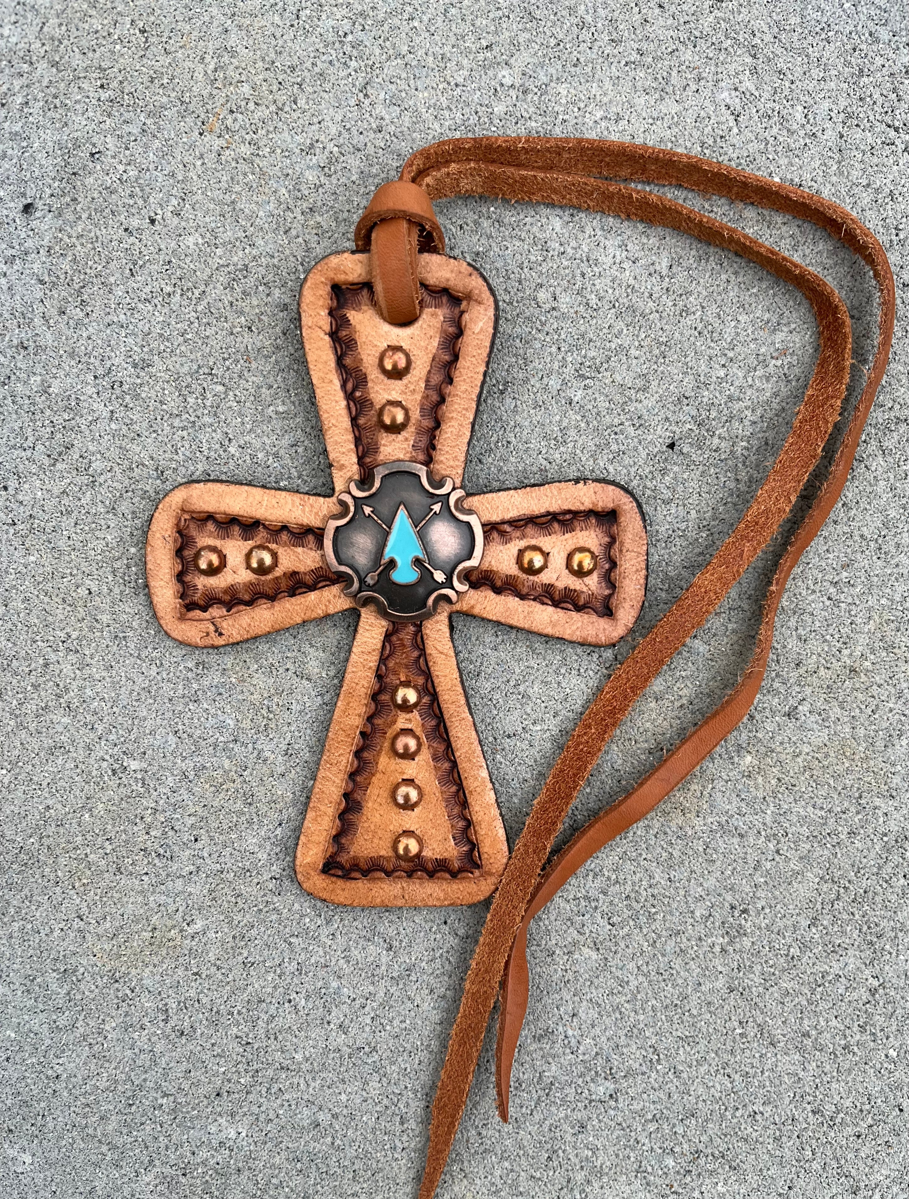 Light Leather Tie On Cross with Turquoise Stone Arrow Head Concho.~ Western Rear view mirror decor