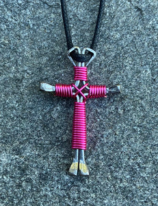 Pink - Dark Horseshoe Nail Cross Necklace
