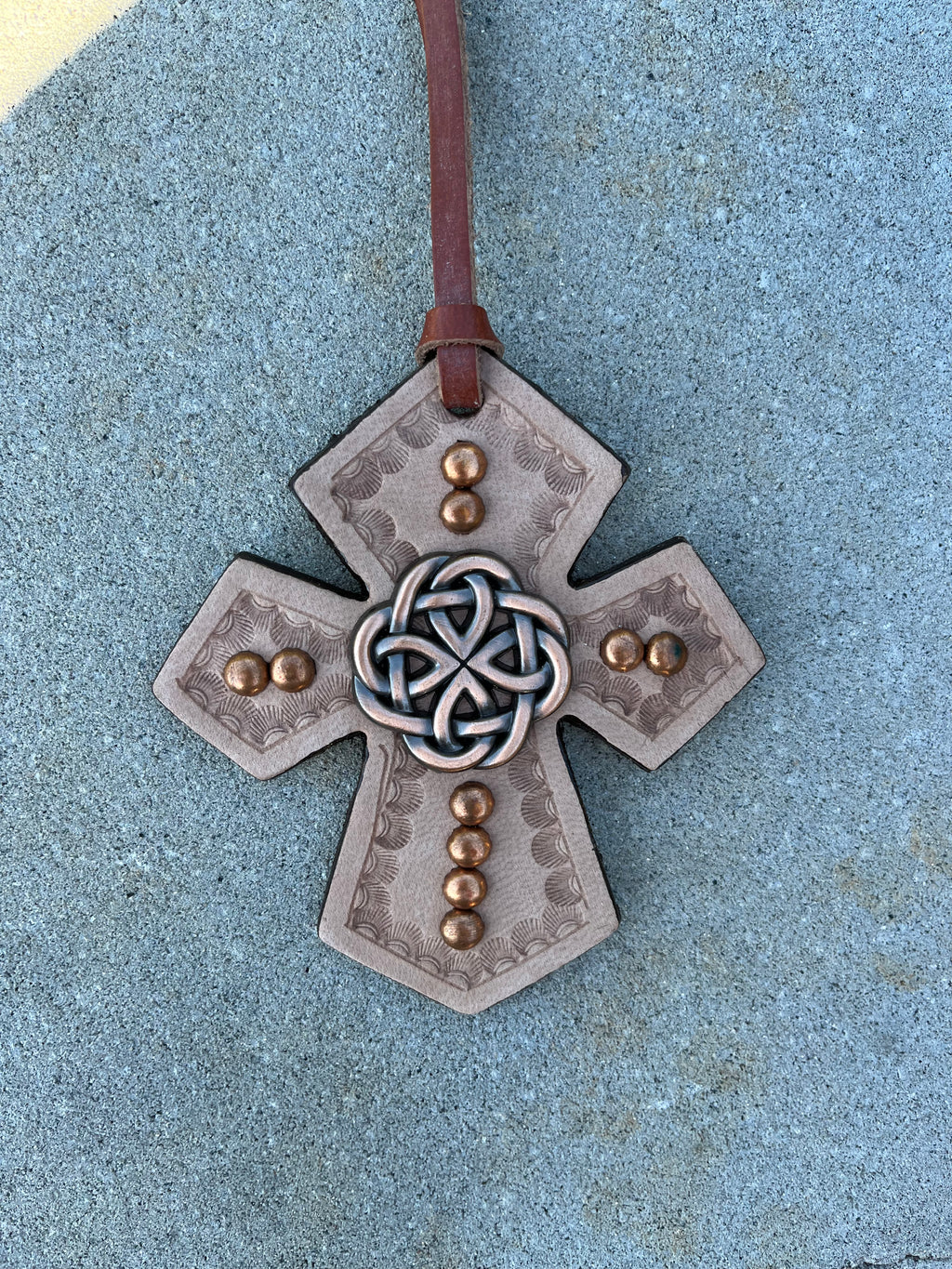 Beautiful Western Leather Cross with Tooling ~Tie on Saddle ~  Western Rear view mirror decor