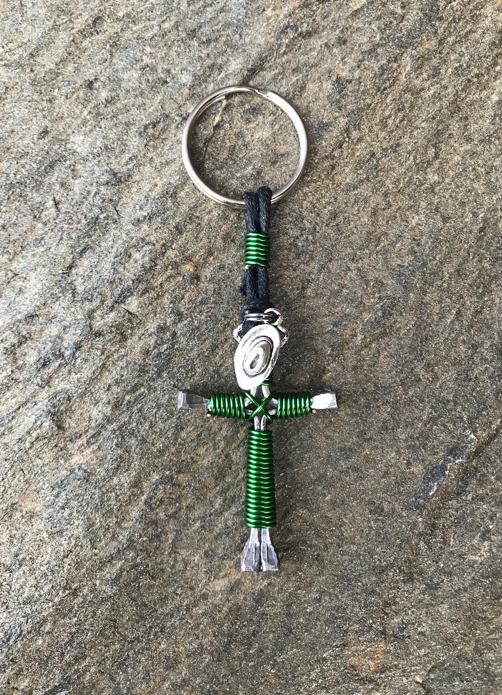 Green Horseshoe Nail Cross Keychain with Hat Charm