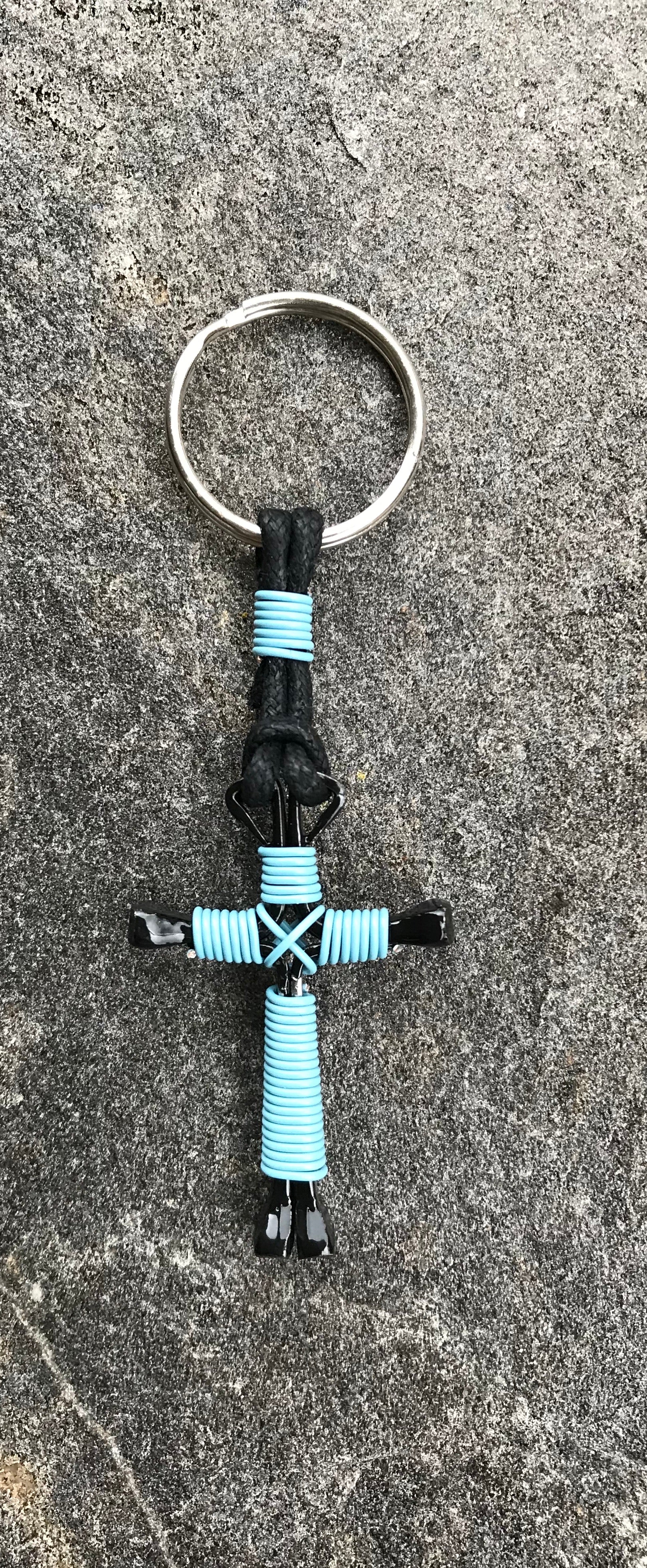 Blue - Sky Horseshoe Nail Cross Keychain with Black Nails