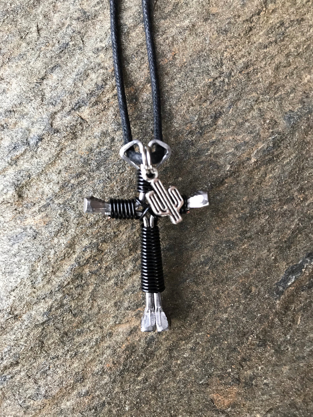 Black Horseshoe Nail Cross Necklace with Cactus Charm