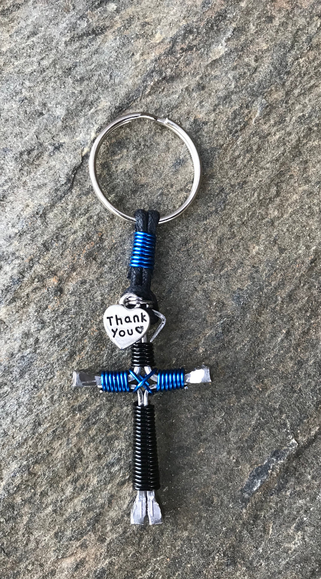 Black/Blue Horseshoe Nail Cross Keychain with Charm (Thank a Policeman)