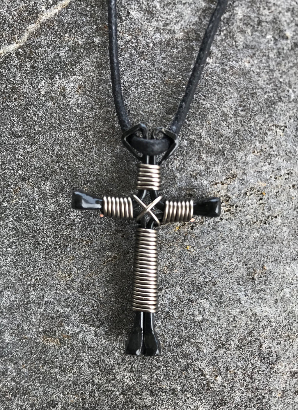 Titanium Horseshoe Nail Cross Necklace With Black Nails