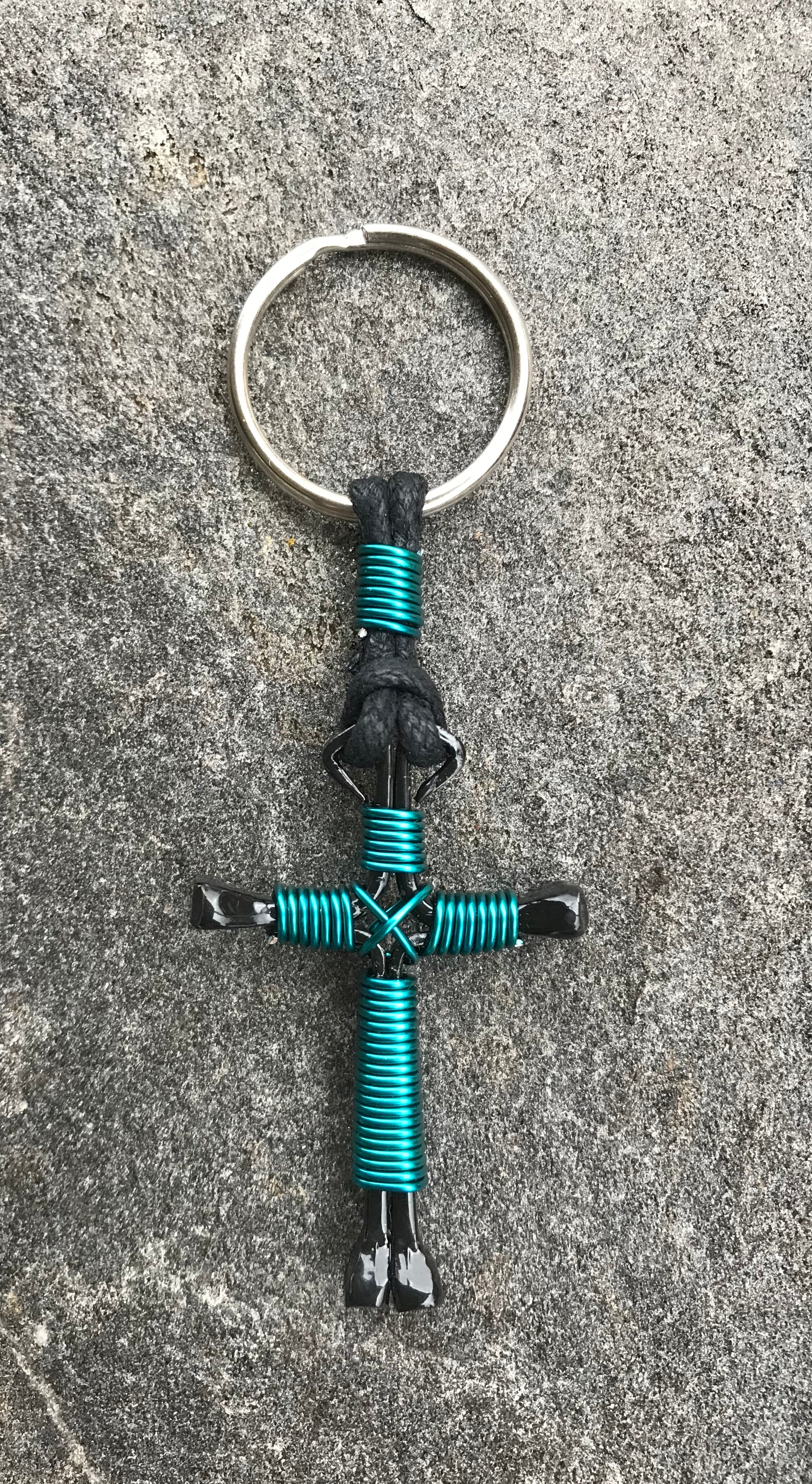 Blue - Peacock Horseshoe Nail Cross Keychain with Black Nails