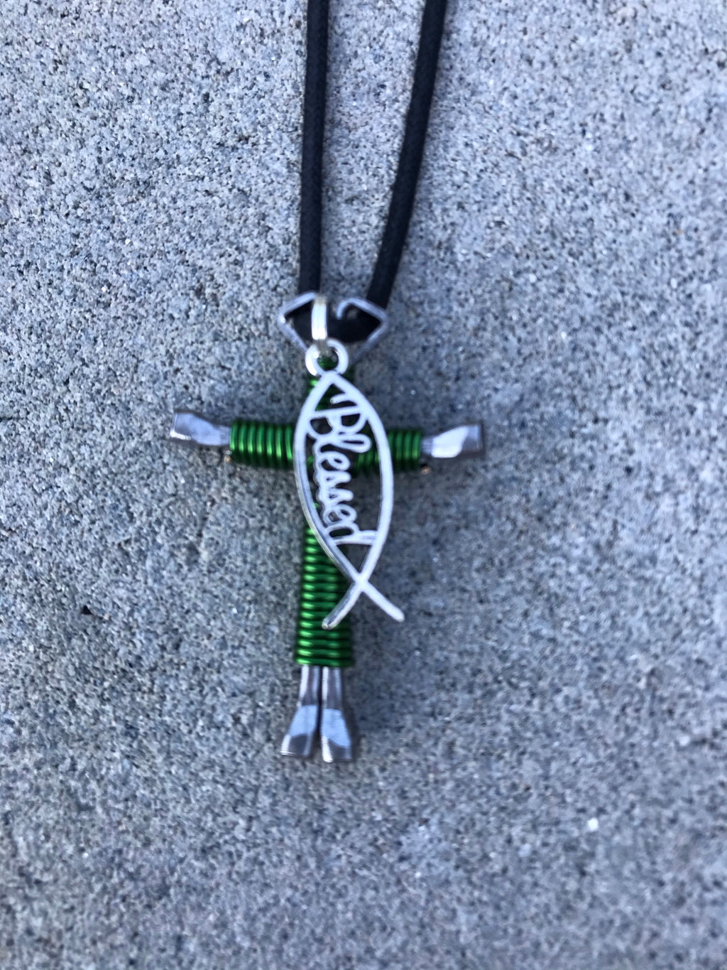 Green Cross Necklace with Blessed Charm Handmade of 4 Horseshoe Nails