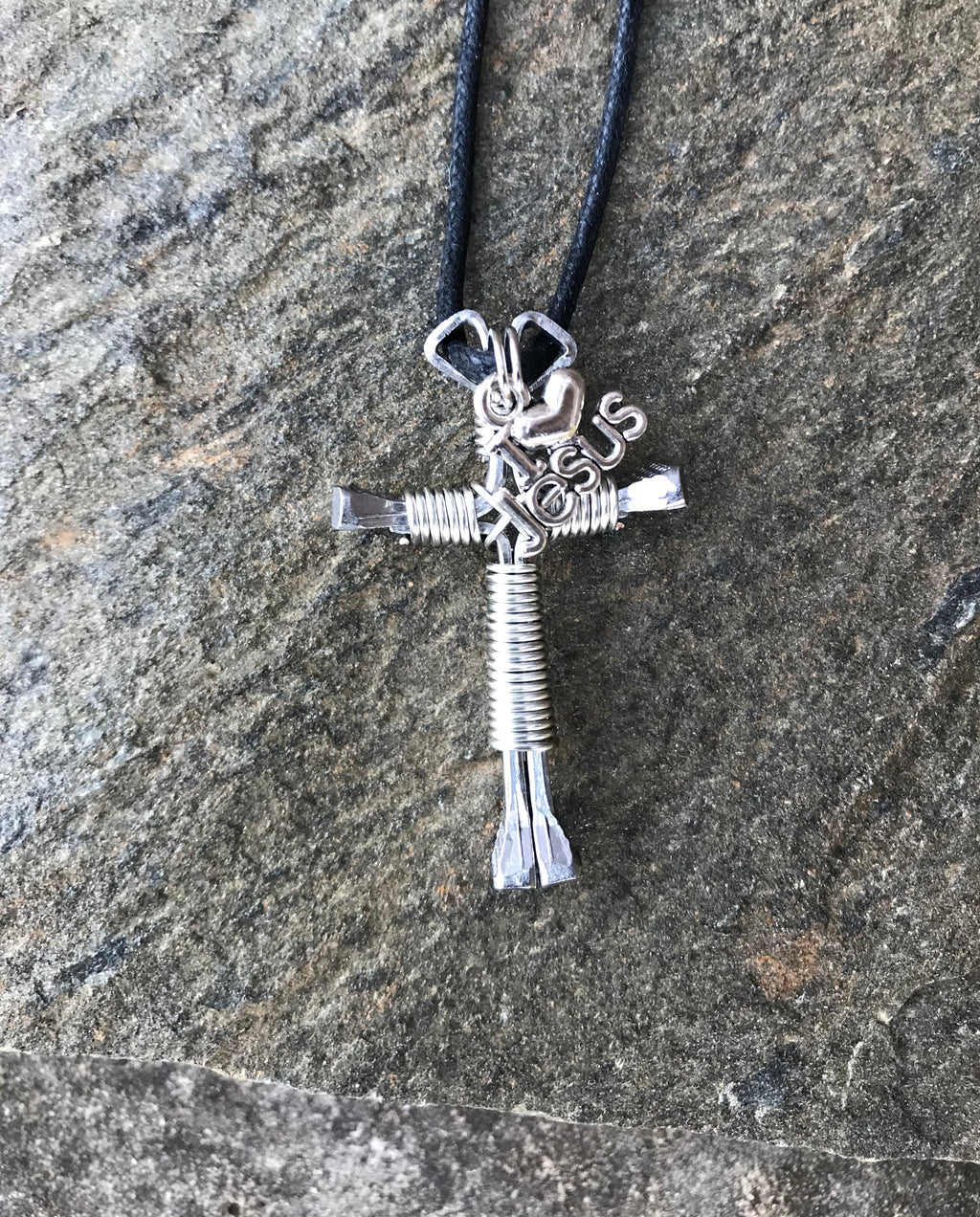 Silver Horseshoe Nail Cross Necklace with I Love Jesus Charm