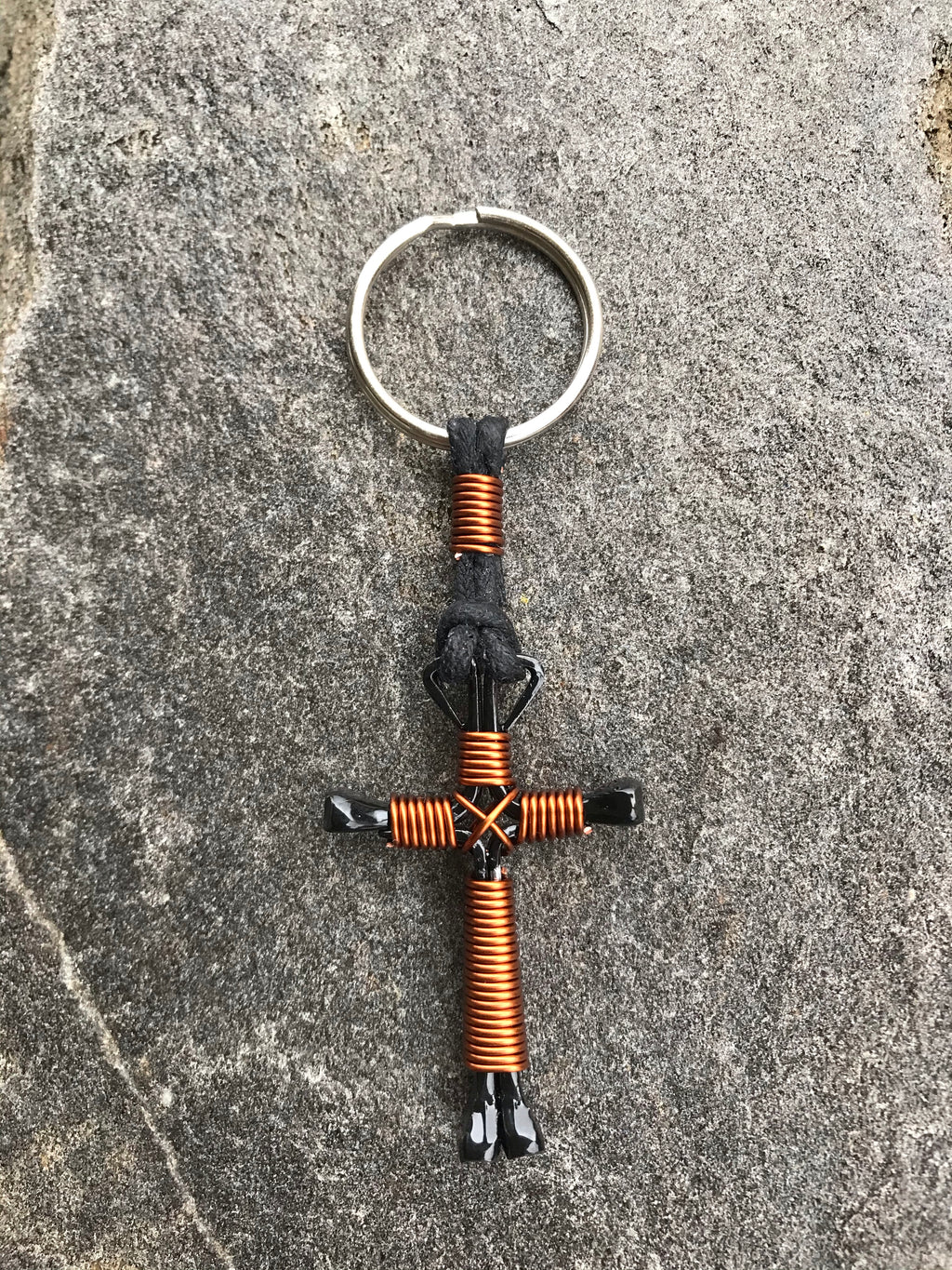 Brown Horseshoe Nail Cross Keychain with Black Nails