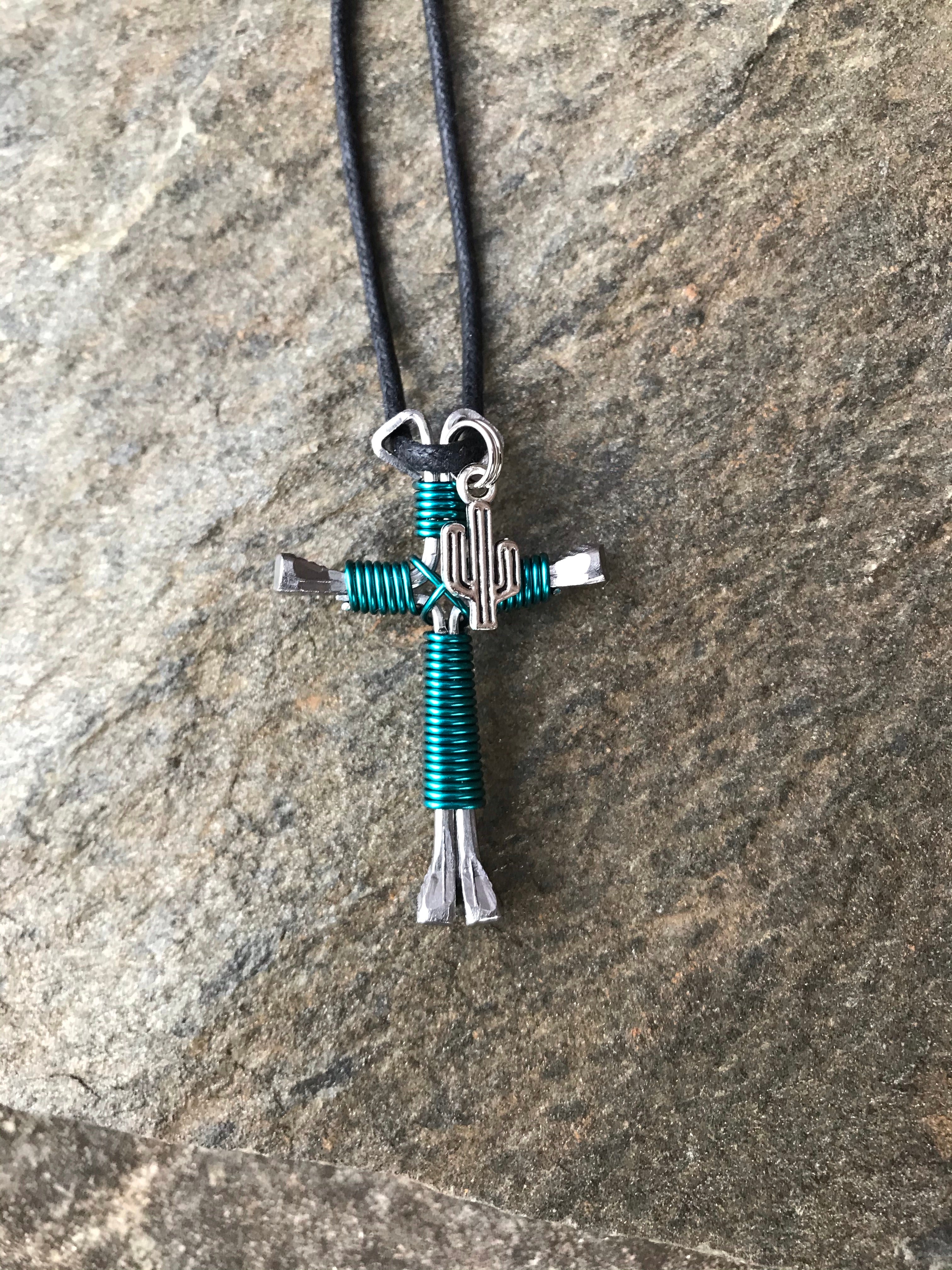 Blue - Peacock Horseshoe Nail Cross Necklace with Cactus Charm