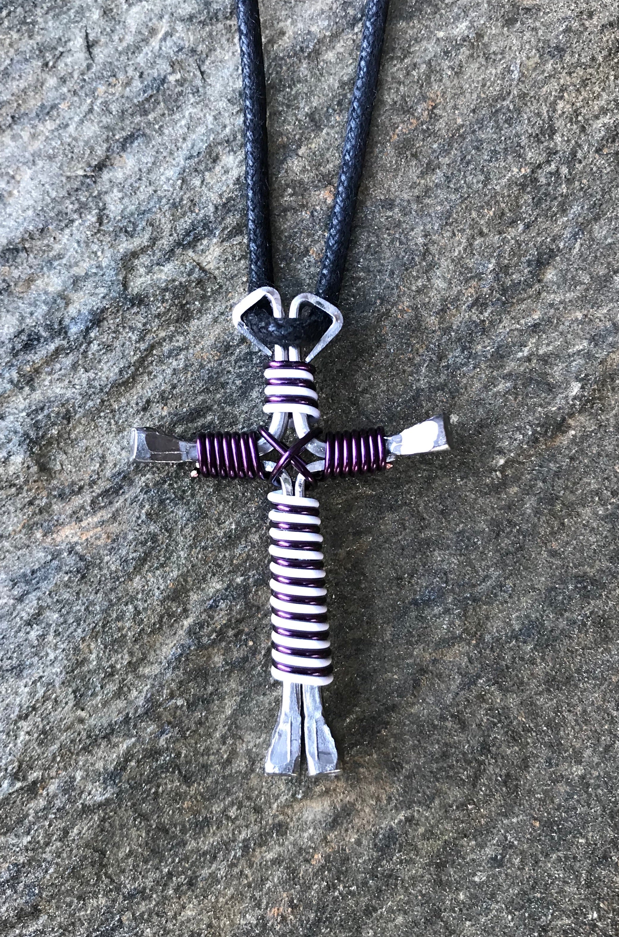 Purple/White Intertwined Horseshoe Nail Cross Necklace