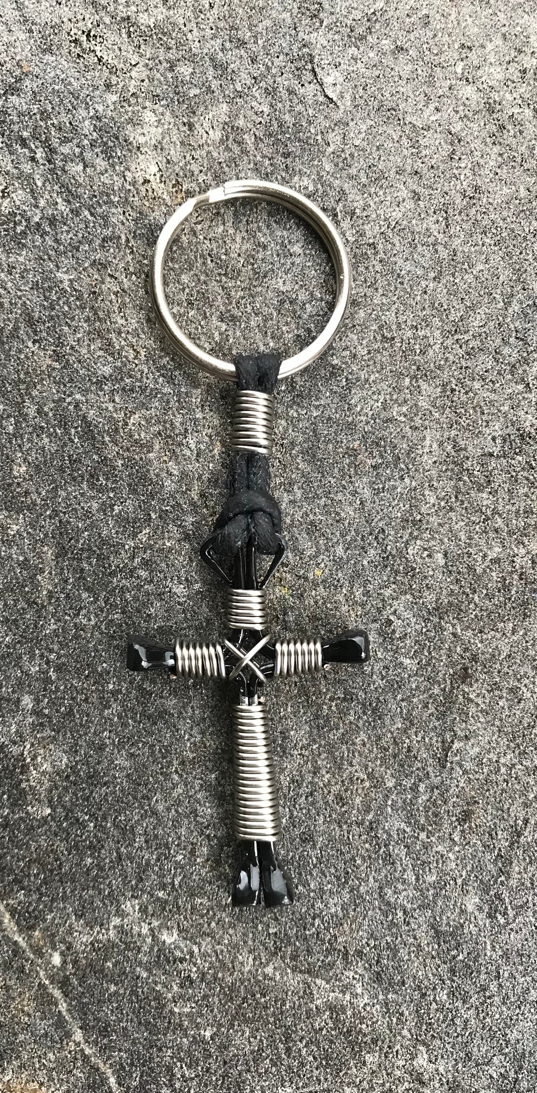 Silver Horseshoe Nail Cross Keychain with Black Nails