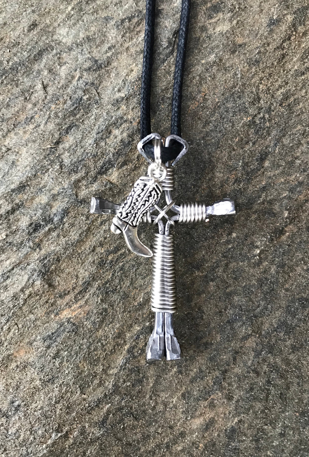 Silver Horseshoe Nail Cross Necklace with Boot Charm