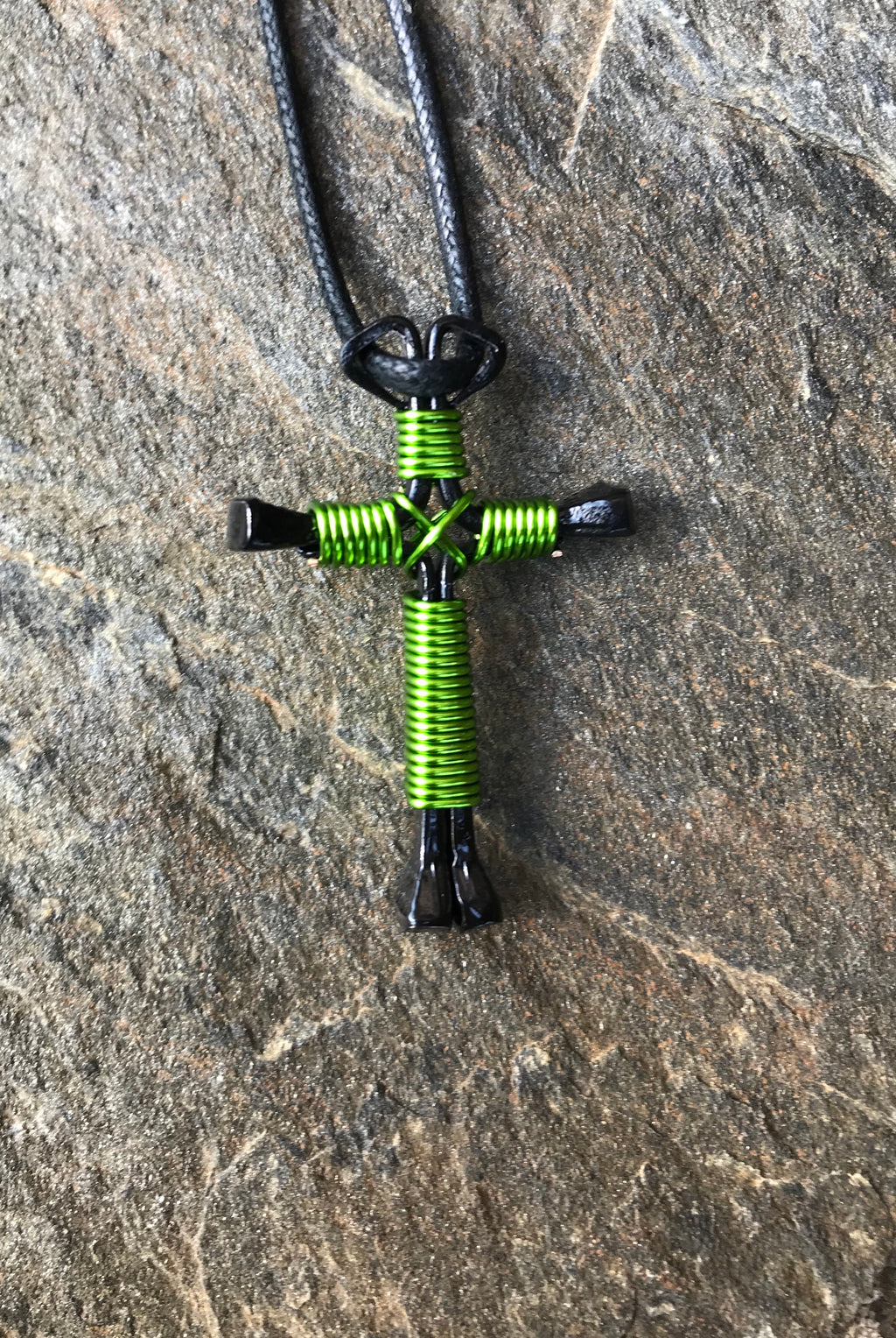 Western Lime Green Horseshoe Nail Cross Necklace With Black Nails