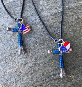 Blue Horseshoe Nail Cross Necklace with American Star or American Heart Charm