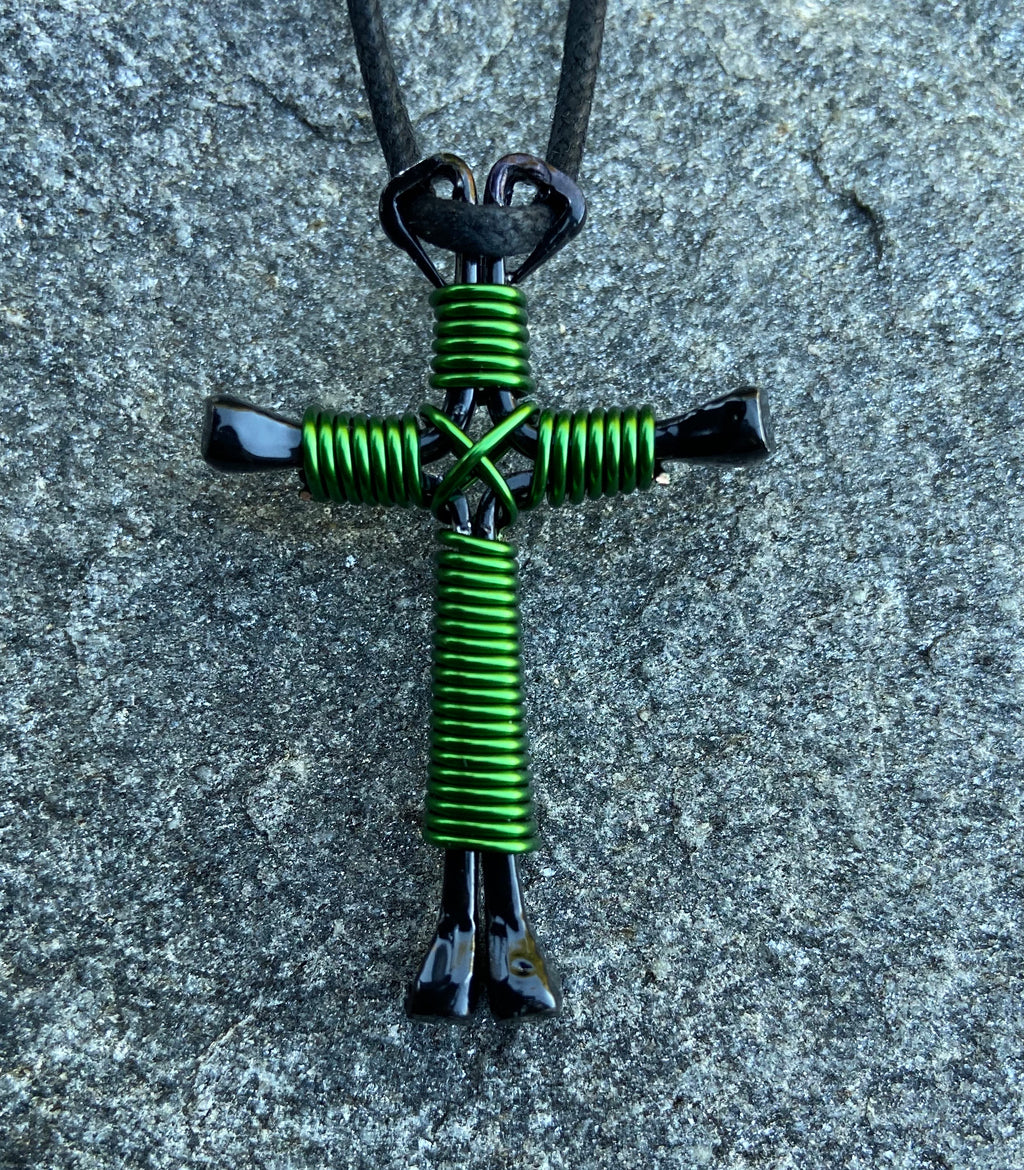 Green Horseshoe Nail Cross Necklace With Black Nails