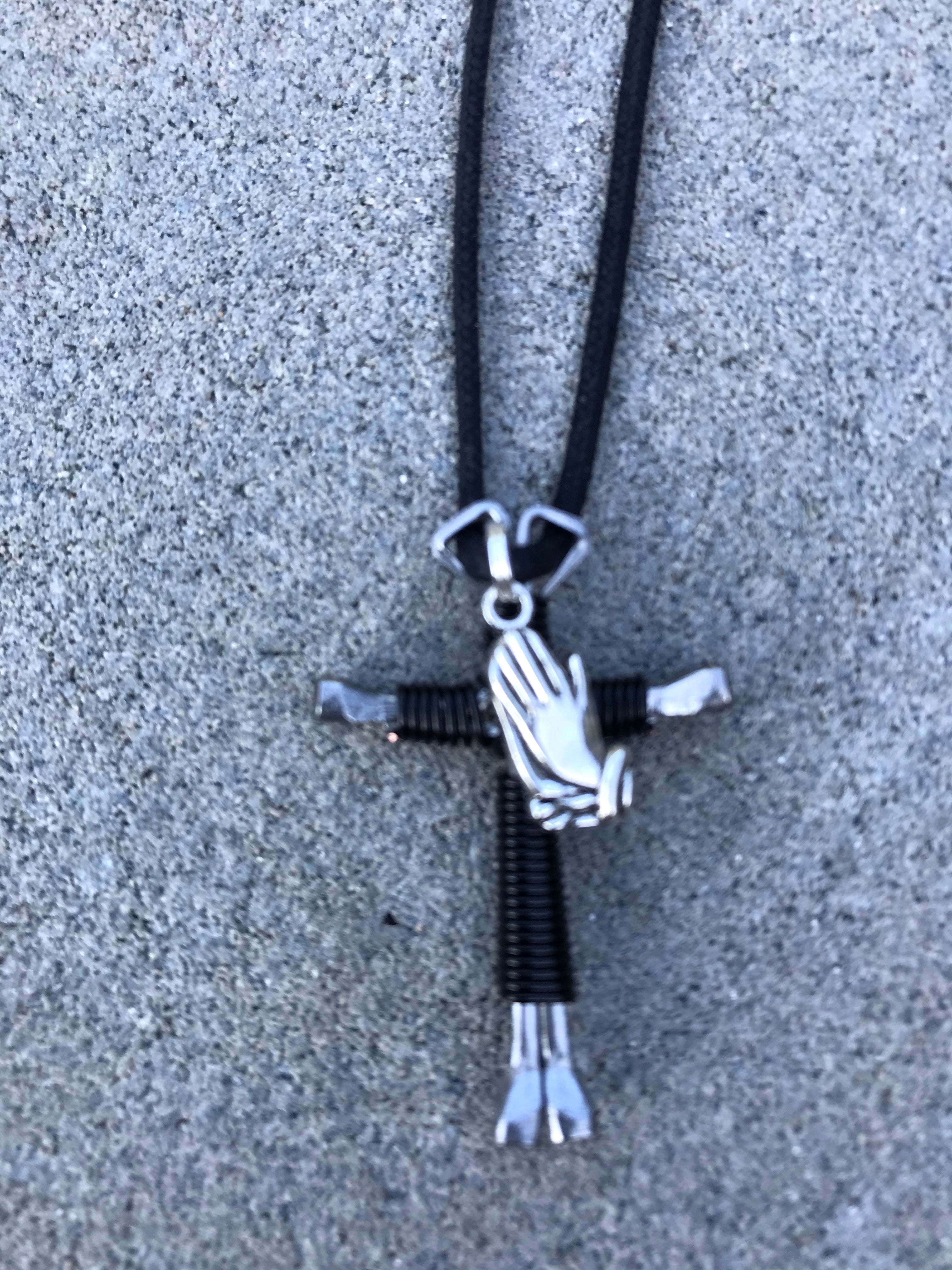 Black Cross Necklace with Praying Hands Charm Handmade of 4 Horseshoe Nails