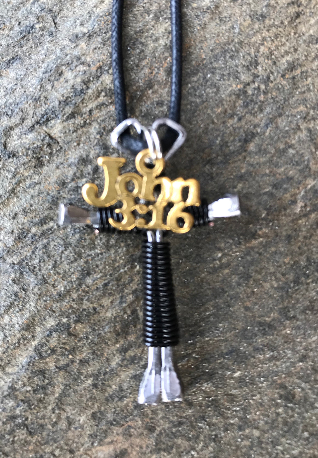 Black Horseshoe Nail Cross Necklace with John 3:16 Charm