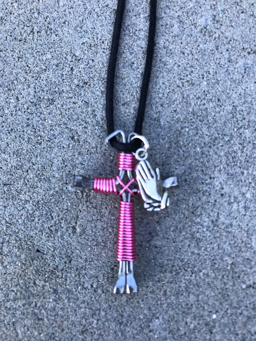 Pink Cross Necklace with Praying Hands Charm Handmade of 4 Horseshoe Nails