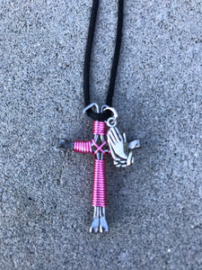 Pink Cross Necklace with Praying Hands Charm Handmade of 4 Horseshoe Nails