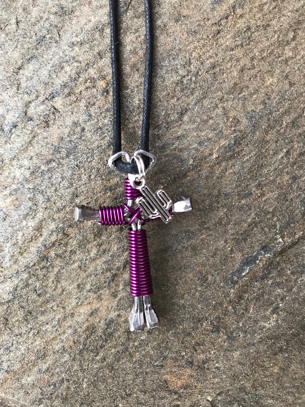 Amethyst Horseshoe Nail Cross Necklace with Cactus Charm