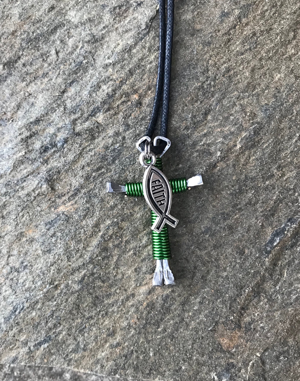 Green Horseshoe Nail Cross Necklace with Faith Charm