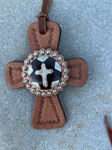 CROSS Western Leather Cross with Tooling ~Tie on Saddle ~  Western Rear view mirror decor