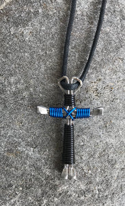 Black/Blue Horseshoe Nail Cross Necklace (Great for Policeman)