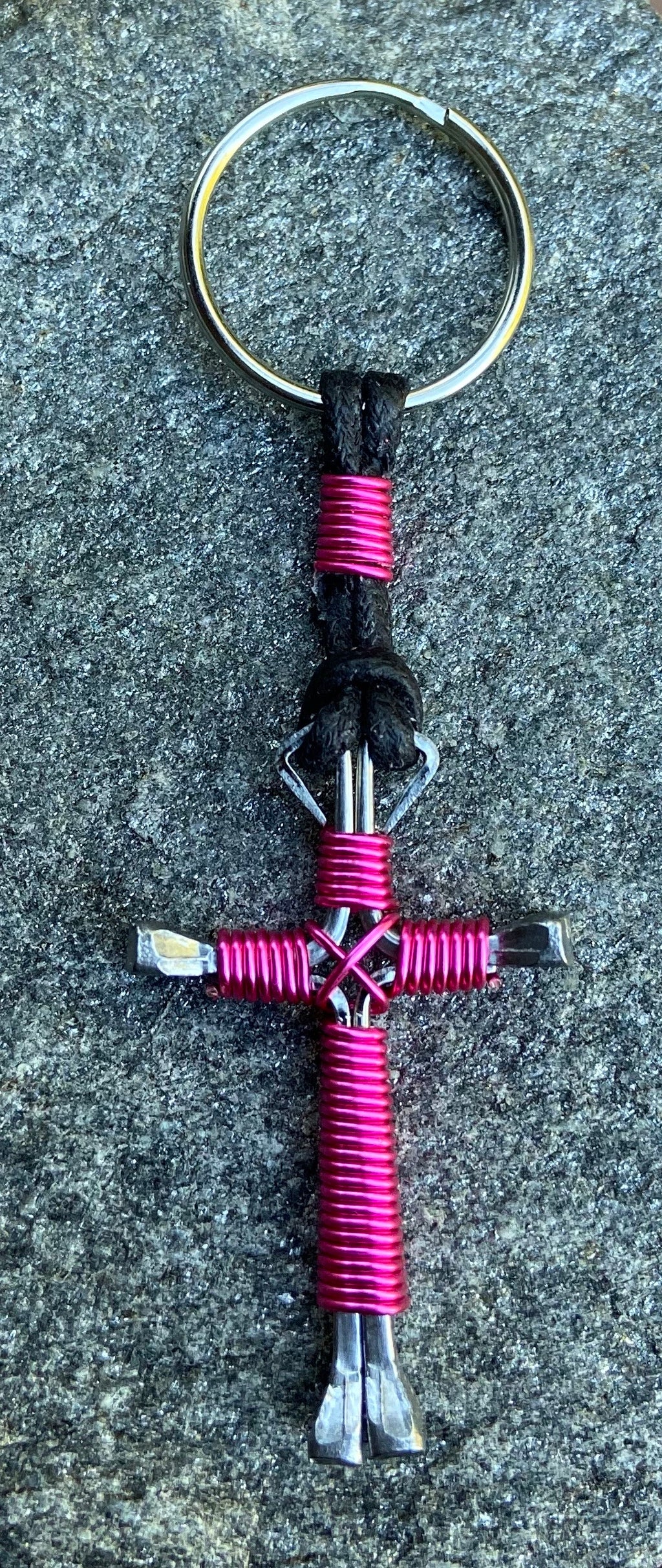 Pink Horseshoe Nail Cross Keychain