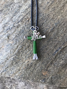 Green Horseshoe Nail Cross Necklace with I Love Jesus Charm