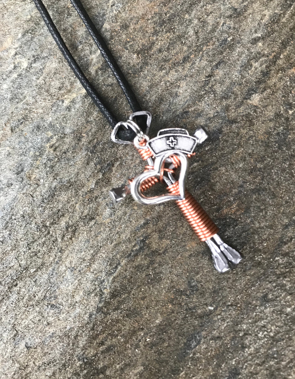 Copper Horseshoe Nail Cross Necklace with Nurse Charm