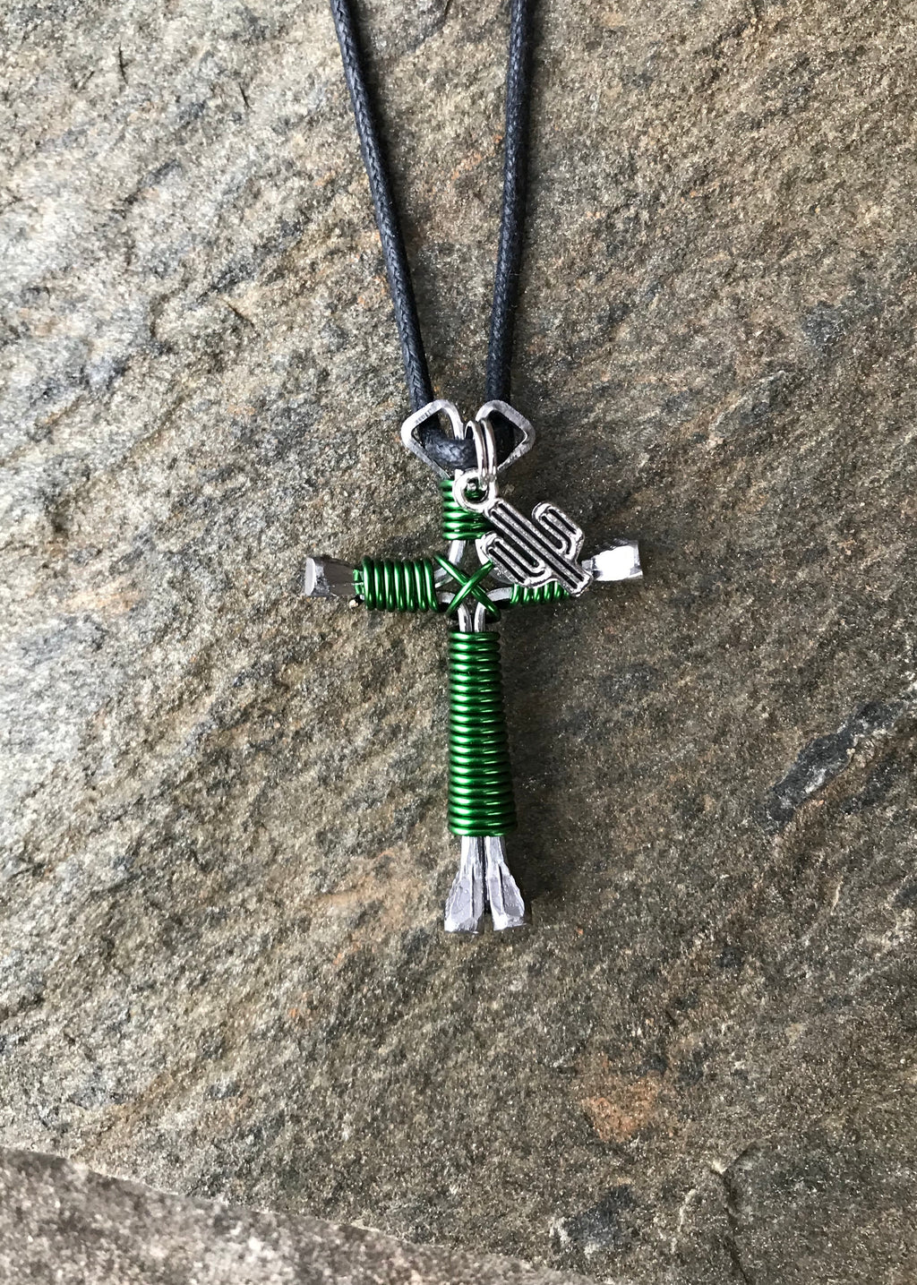 Green Horseshoe Nail Cross Necklace with Cactus Charm