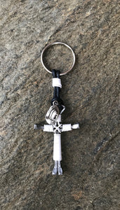 White Horseshoe Nail Cross Keychain with Hat Charm