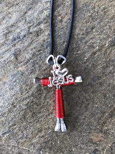 Red Horseshoe Nail Cross Necklace with I Love Jesus Charm