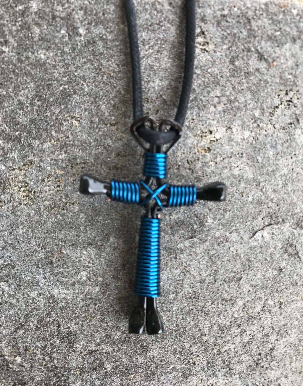 Blue - Navy Horseshoe Nail Cross Necklace With Black Nails
