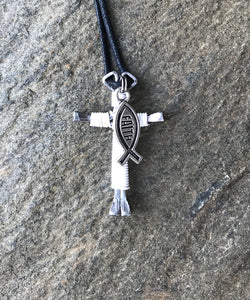 White Horseshoe Nail Cross Necklace with Faith Charm