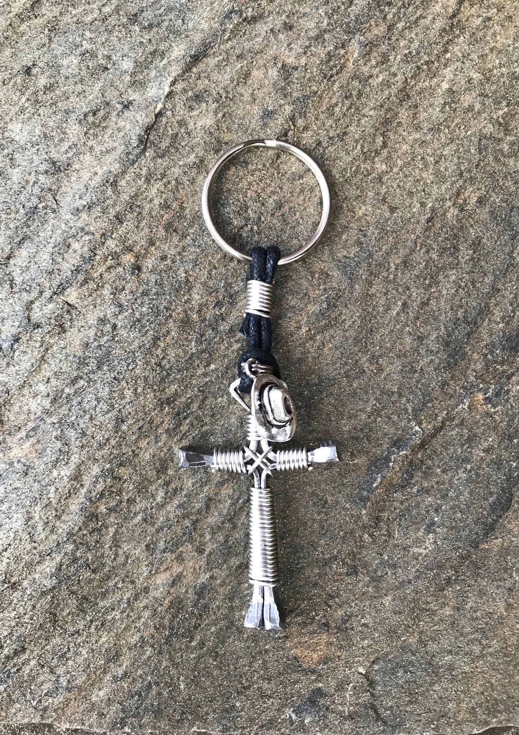 Silver Horseshoe Nail Cross Keychain with Hat Charm