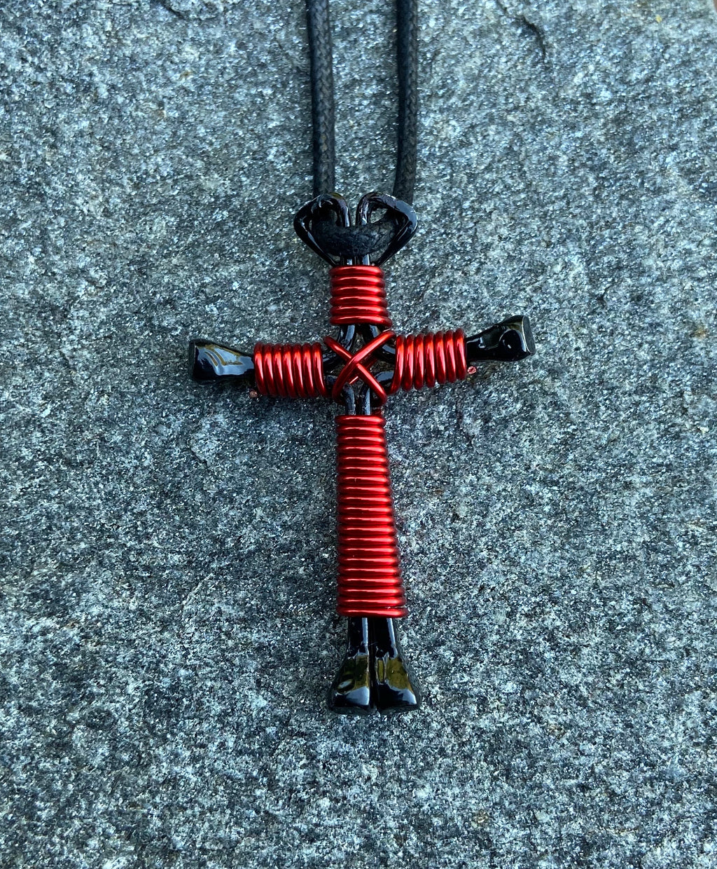 Red Horseshoe Nail Cross Necklace With Black Nails