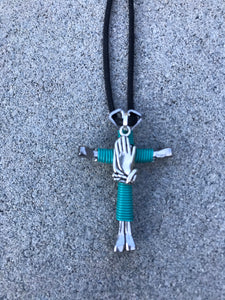 Turquoise Cross Necklace with Praying Hands Charm Handmade of 4 Horseshoe Nails