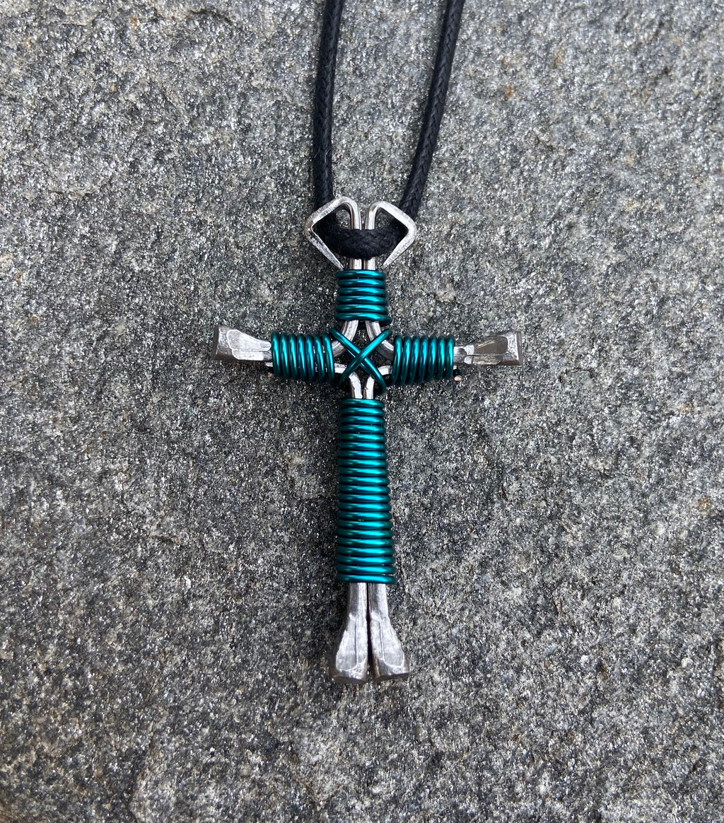 Western Cross Pendant Peacock Blue Horseshoe Nail Necklace