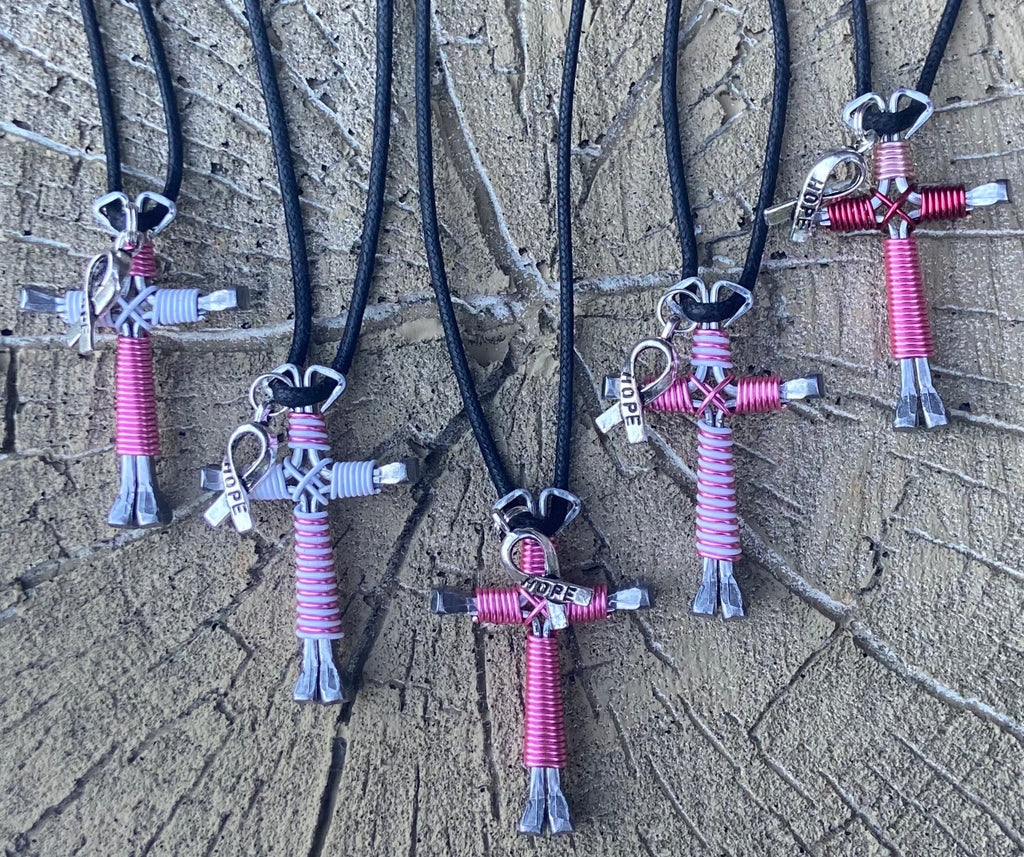 BREAST CANCER AWARENESS (5-Pack) Horseshoe Nail Cross Necklaces with HOPE CHARM