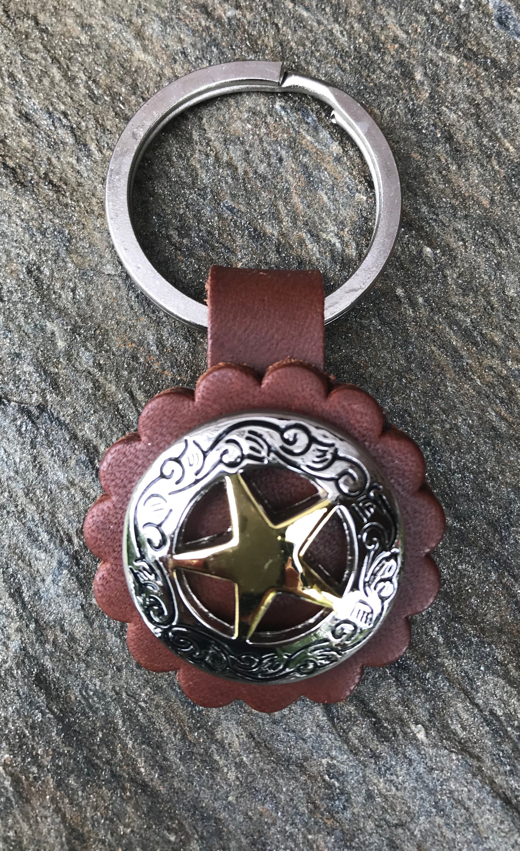 LEATHER CONCHO WESTERN KEYCHAIN - dark brown