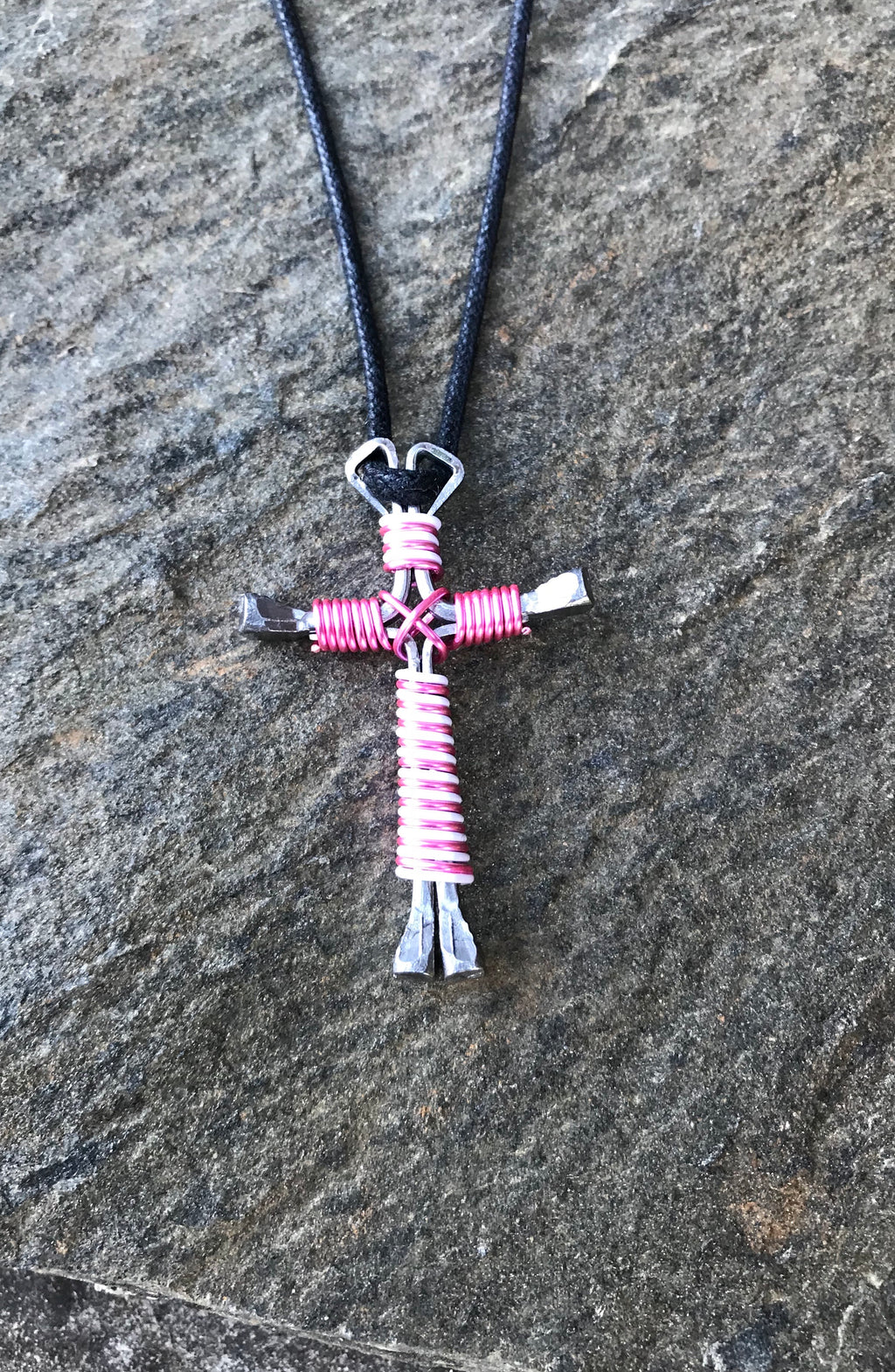 Pink/White Intertwined Horseshoe Nail Cross Necklace