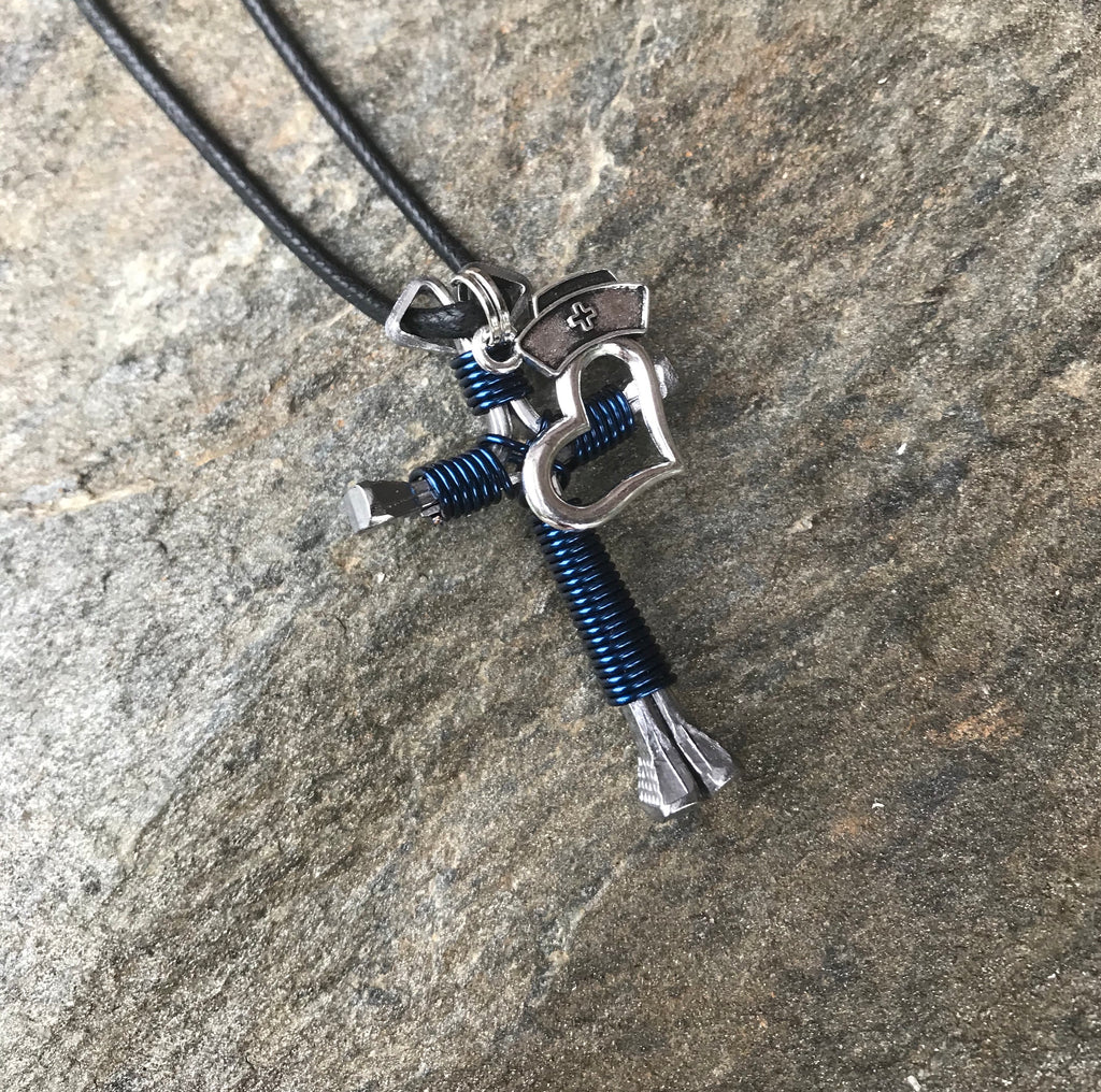 Blue Navy Horseshoe Nail Cross Necklace with Nurse Charm