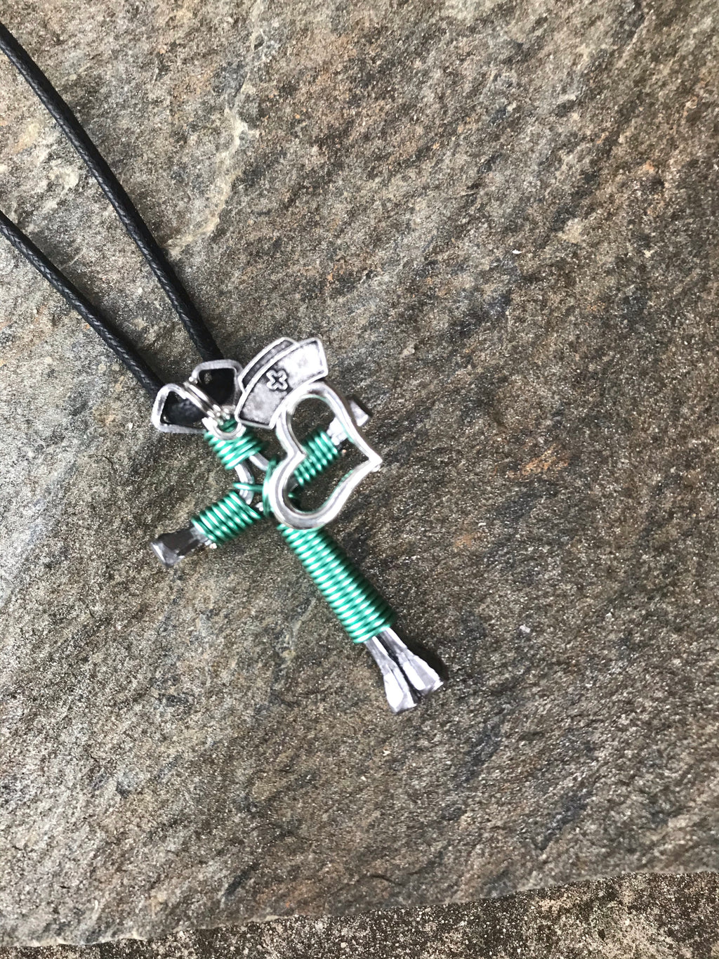 Seafoam Horseshoe Nail Cross Necklace with Nurse Charm